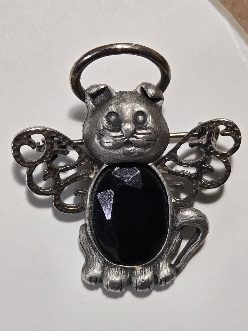 Vintage Silver-Tone Cat Brooch with Black Glass Stone - Picture 3 of 8